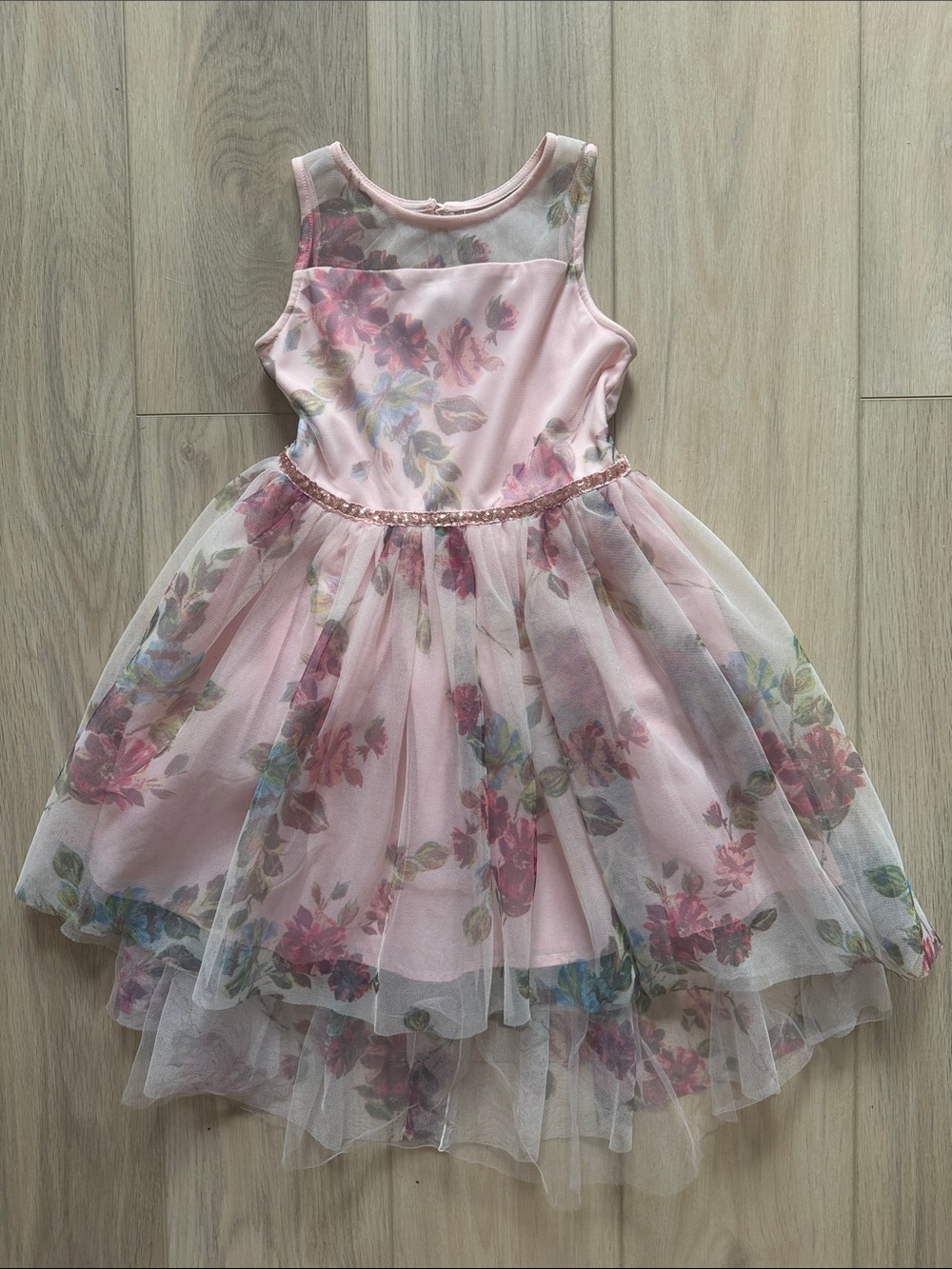 lilt Pink Floral Tulle Party Dress with Beaded Waist